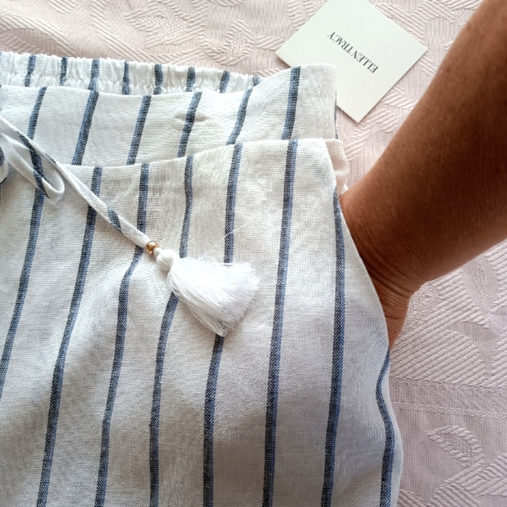 NWT Ellen Tracy High Rise Linen Blend Wide Leg Pant Drawstring Tassel‎ Pockets L - Picture 6 of 17